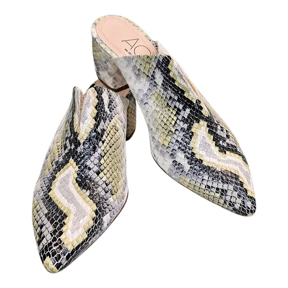 AGL Leather Snakeskin Pointed Toe Mules Size 7.5 Green & Gray Designer Luxury - Picture 6 of 15
